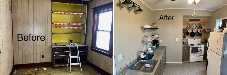 Before shot of a rundown kitchen and an after shot of the kitchen renovated with new appliances and shiplap.